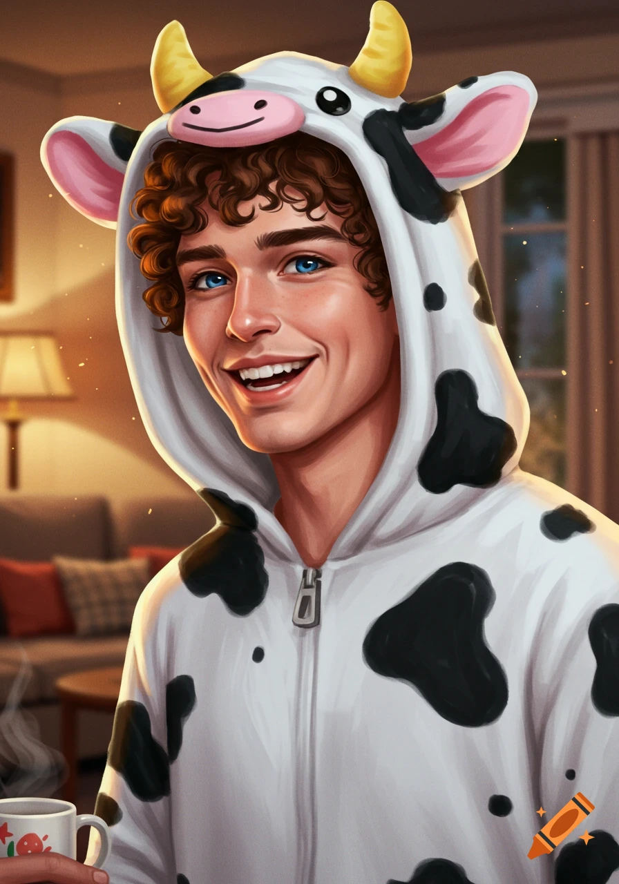 A smiling man with curly brown hair and blue eyes wears a white and black cow onesie while holding a mug in a warm living room, digital art.