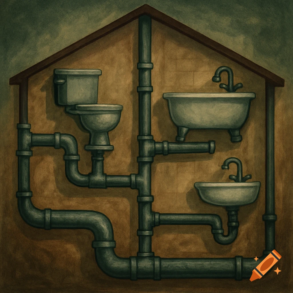 A stylized illustration of a house cross-section revealing an intricate internal plumbing system connecting a toilet, bathtub, and sink.