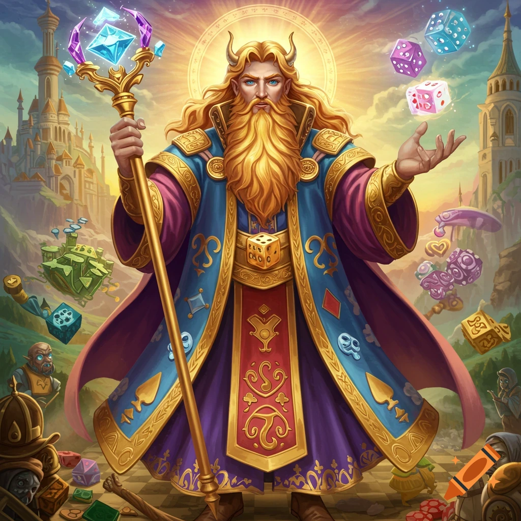 A majestic long-haired, bearded wizard with horns and a staff, surrounded by floating dice and game pieces, in a vibrant fantasy kingdom setting.