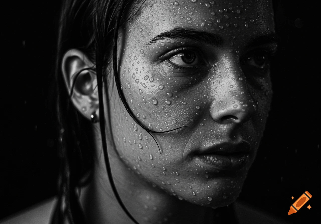 Close-up black and white portrait of a person's face covered in water droplets, looking slightly upward.