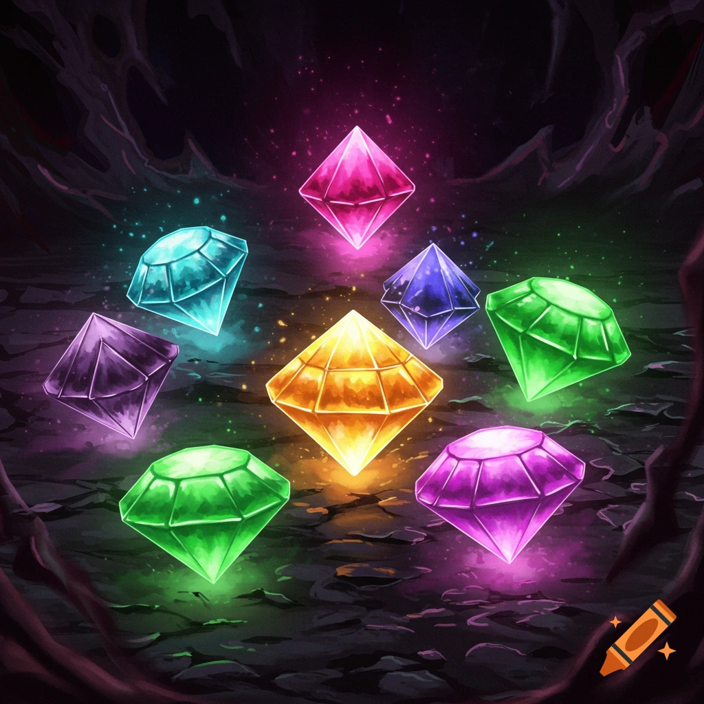 Seven glowing, colorful gems in a dark, mystical cave setting.
