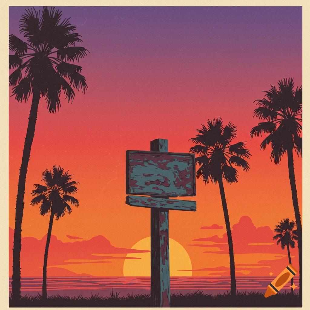 Stylized retro illustration of palm trees and a weathered signpost silhouetted against a vibrant sunset over the ocean.