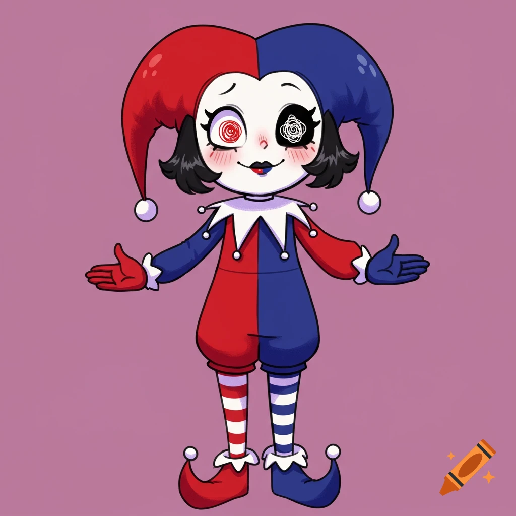 A stylized cartoon character resembling a jester, with a red and blue split costume, black hair, and asymmetrical eyes with a red spiral and black scribble.
