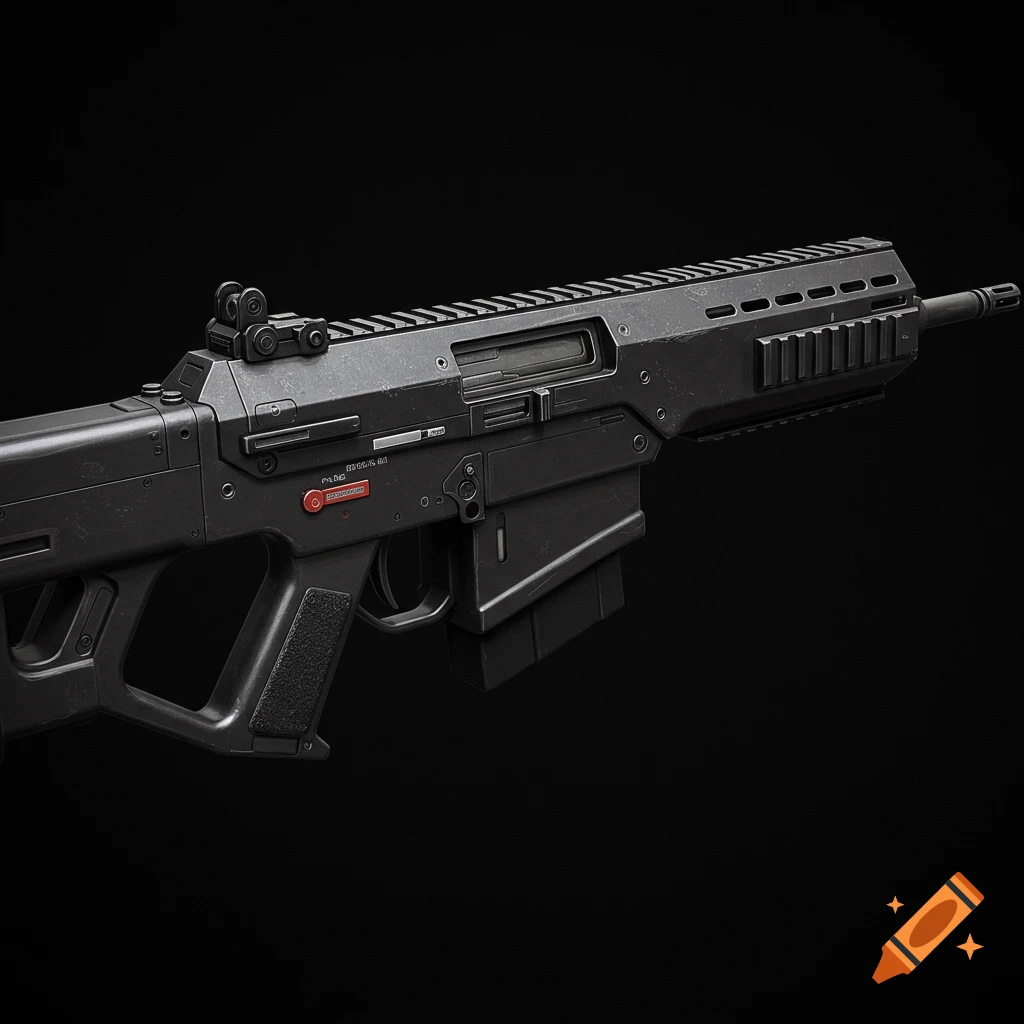 A detailed, photorealistic close-up of a black futuristic assault rifle with a magazine, scope, and various tactical rails, set against a dark background.