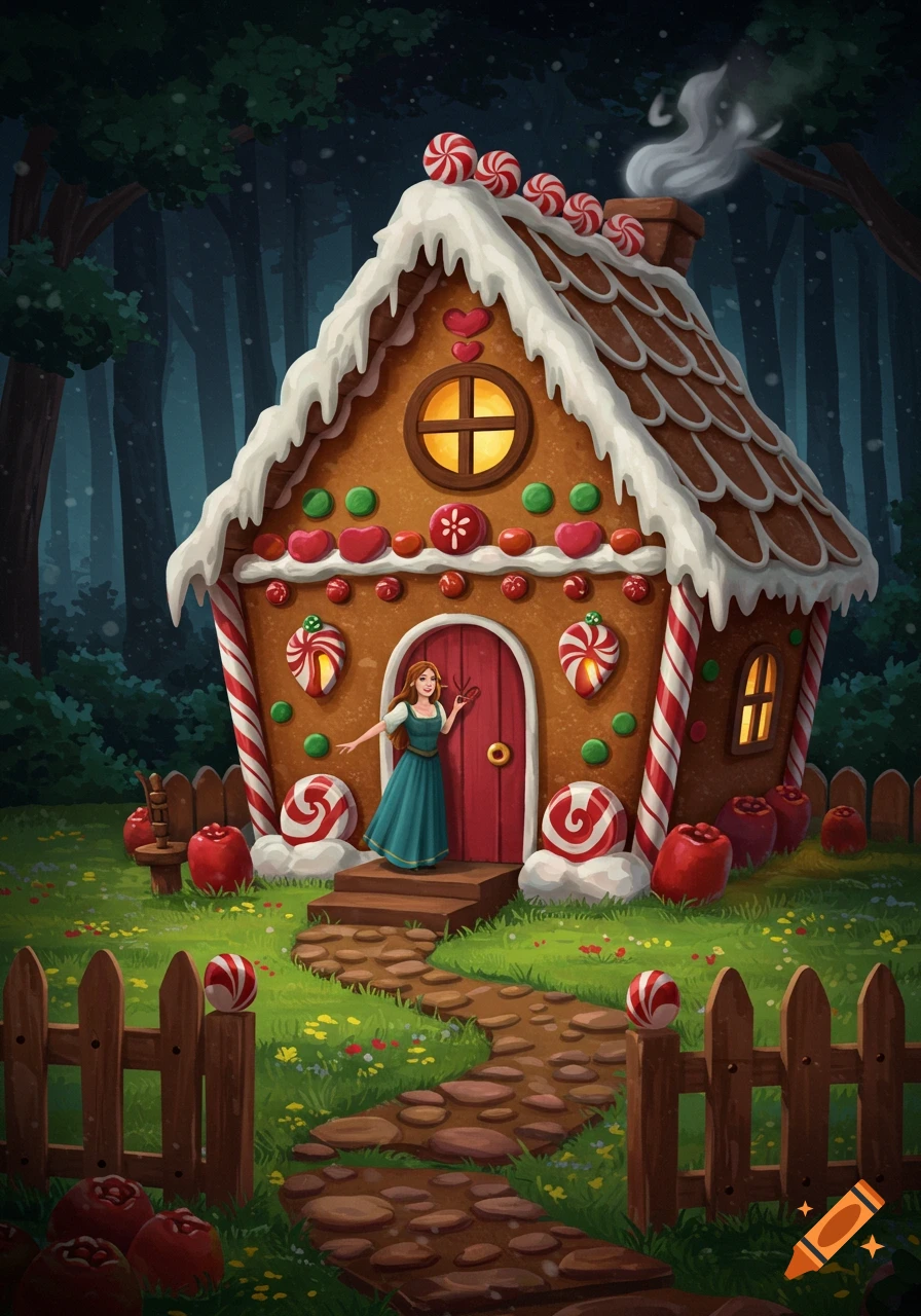 A young woman in a teal dress stands outside a vibrant gingerbread house adorned with candies in a dark, whimsical forest.