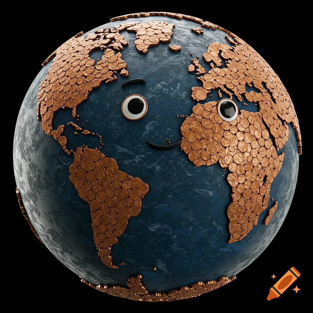 A whimsical cartoon Earth globe with continents made of copper pennies, featuring cartoon eyes and a smile.