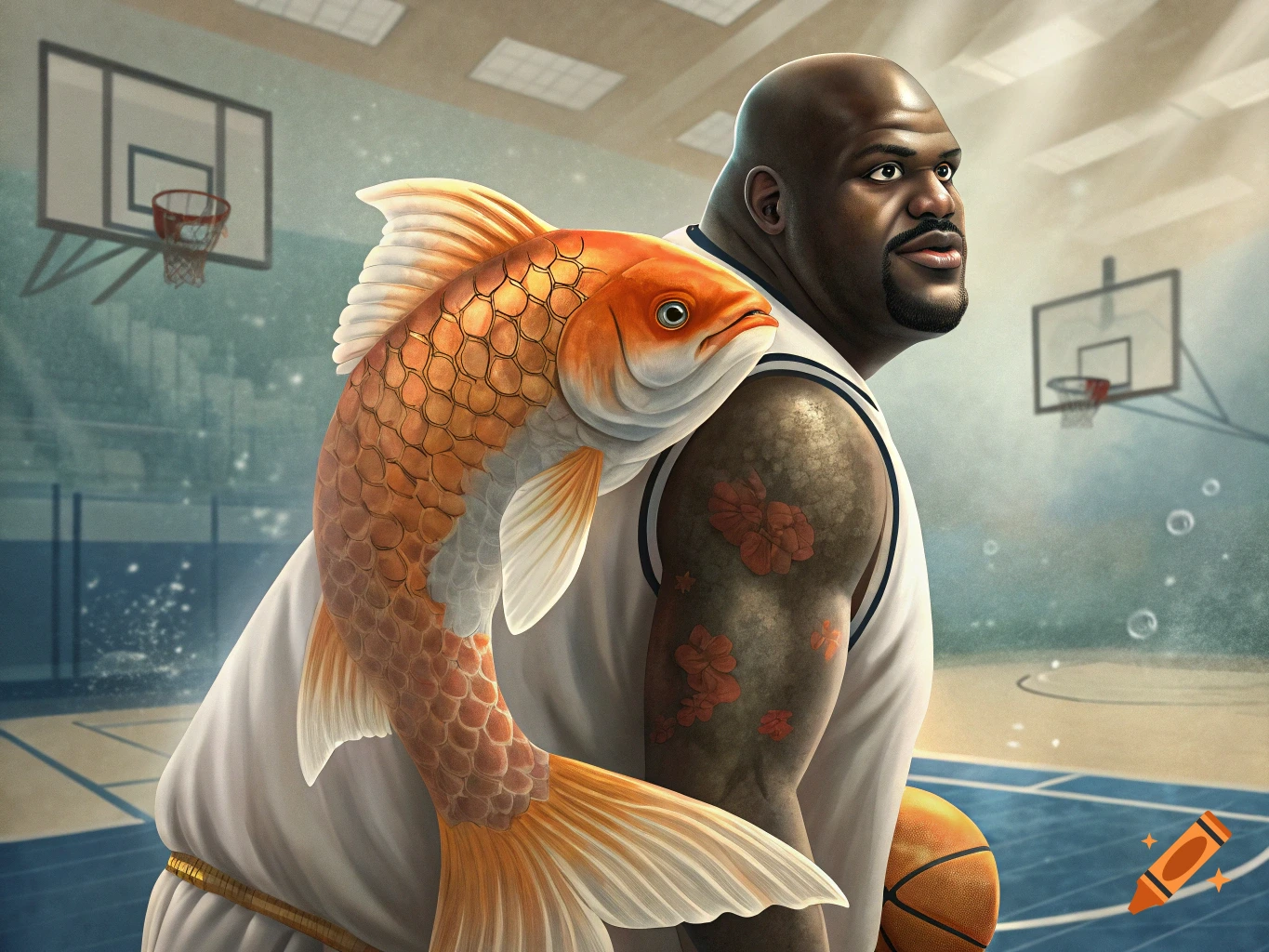 Shaquille O'Neal holding a large orange koi fish on his shoulder on a basketball court, digital painting.