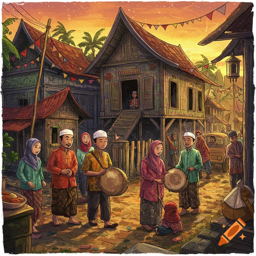An illustrated village scene with people in traditional attire playing drums, surrounded by traditional stilt houses under a sunset sky.