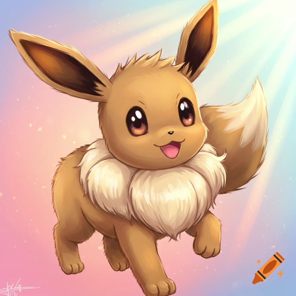 A smiling, fluffy brown Eevee with large ears and a white ruff, depicted in an anime art style with a pink and blue background and glowing light.