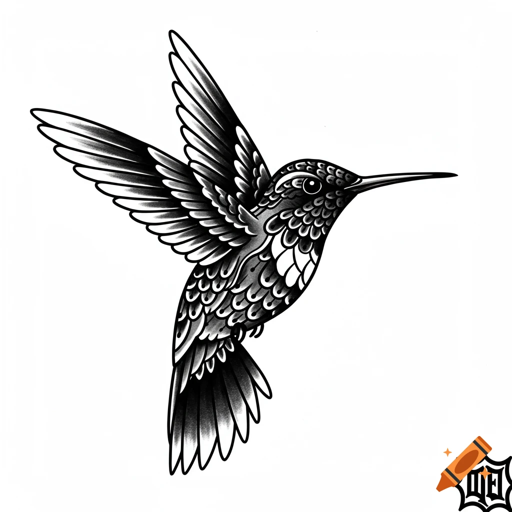 A black and white American traditional tattoo flash of a hummingbird with spread wings.