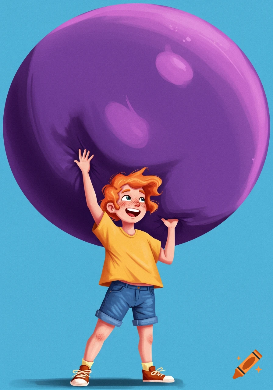 A cheerful, red-haired child with freckles holds a large purple bubble overhead against a blue background in a cartoon illustration.