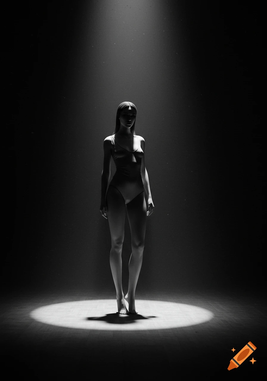 A stylized black and white image of a female character in a minimalist swimsuit standing in a dramatic spotlight on a dark stage.