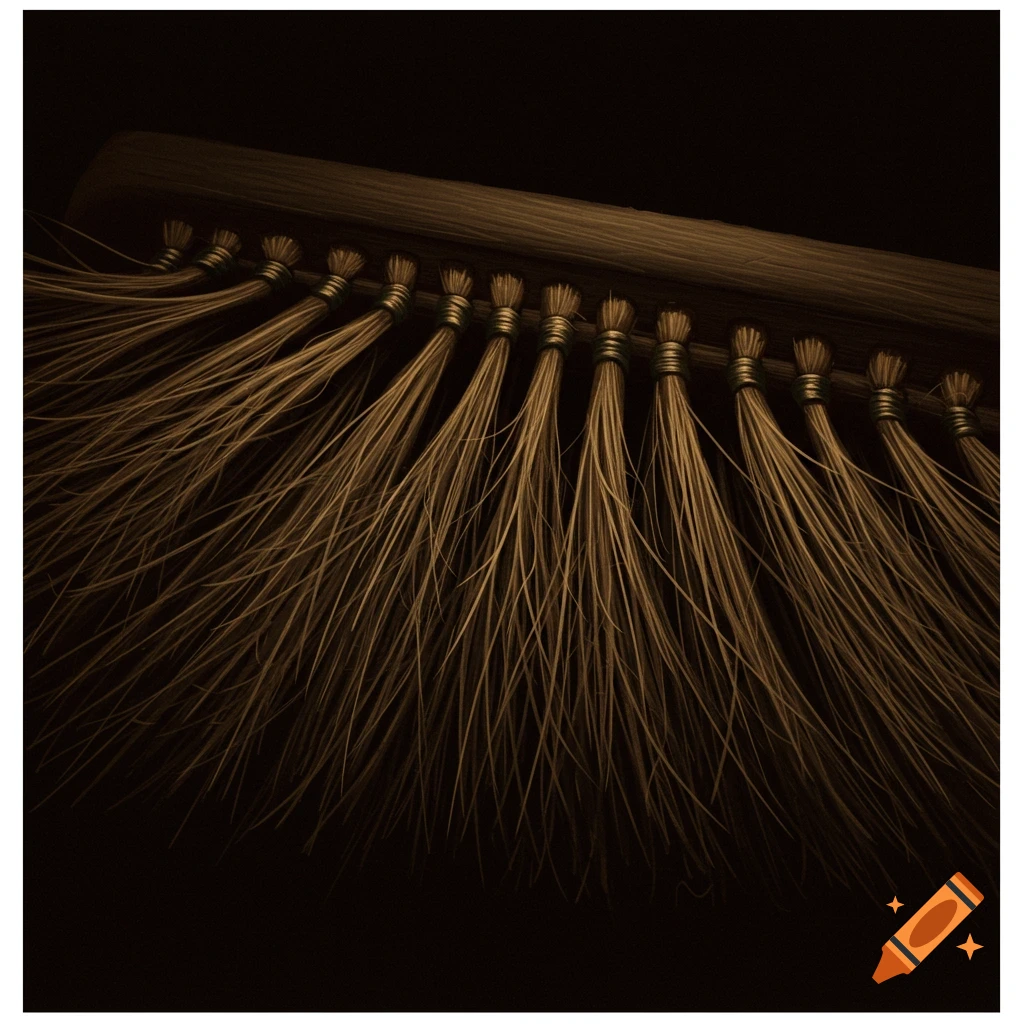 Close-up, photorealistic view of dark brown broom bristles bundled at the top and fanned out against a black background.