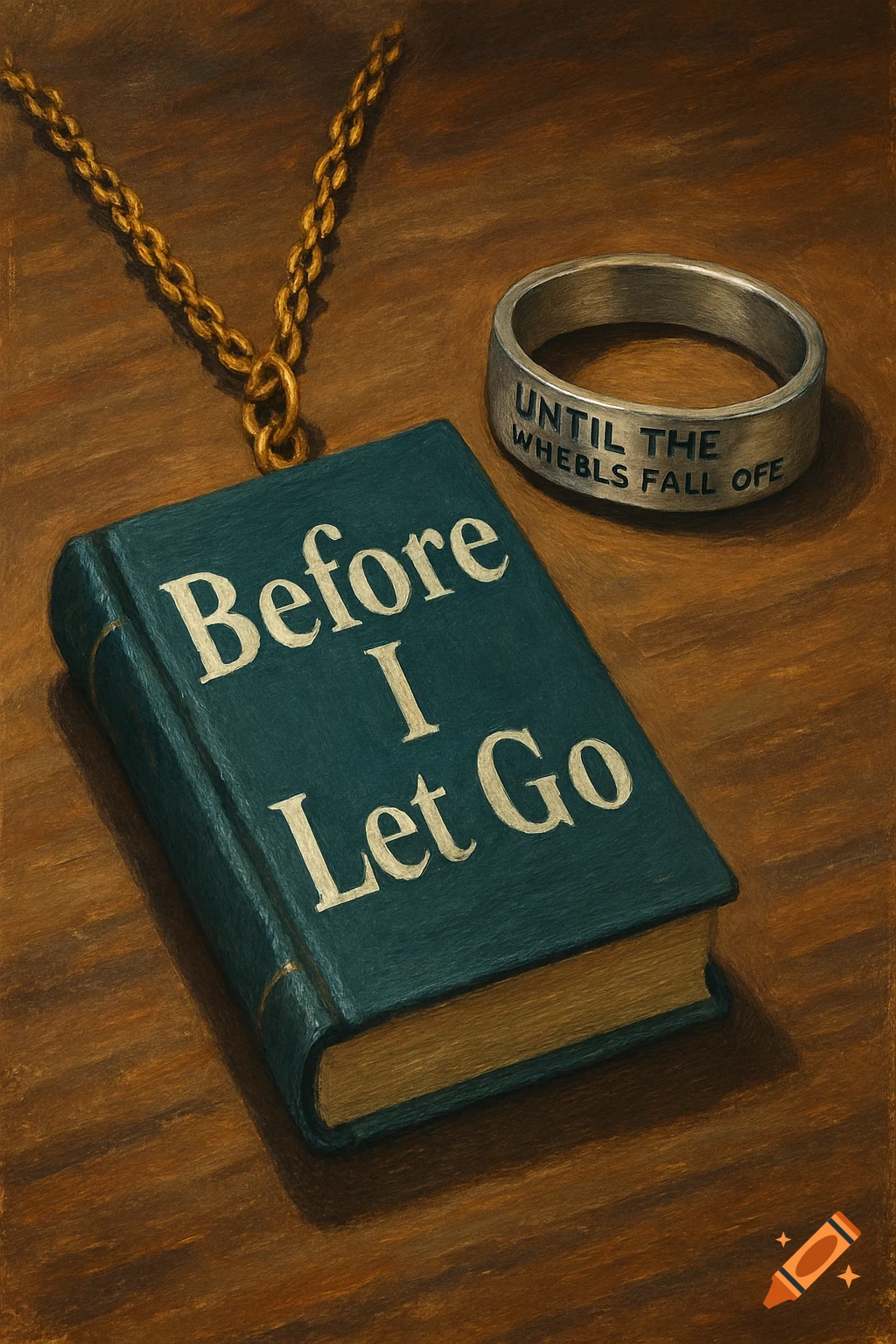 A teal book 'Before I Let Go' next to a gold necklace and silver ring 'UNTIL THE WHEBLS FALL OFE' on wood.