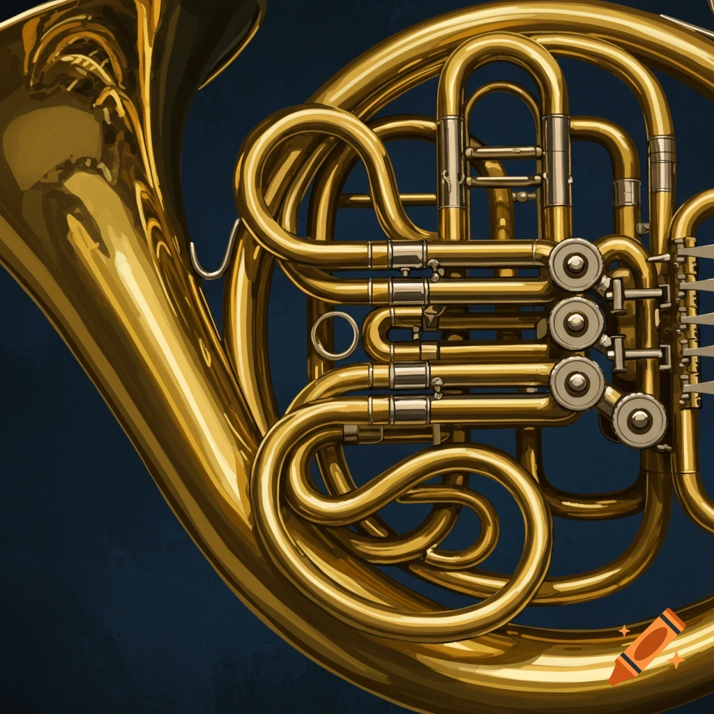 Close-up of a golden French horn with intricate brass tubing and valves against a dark blue background.