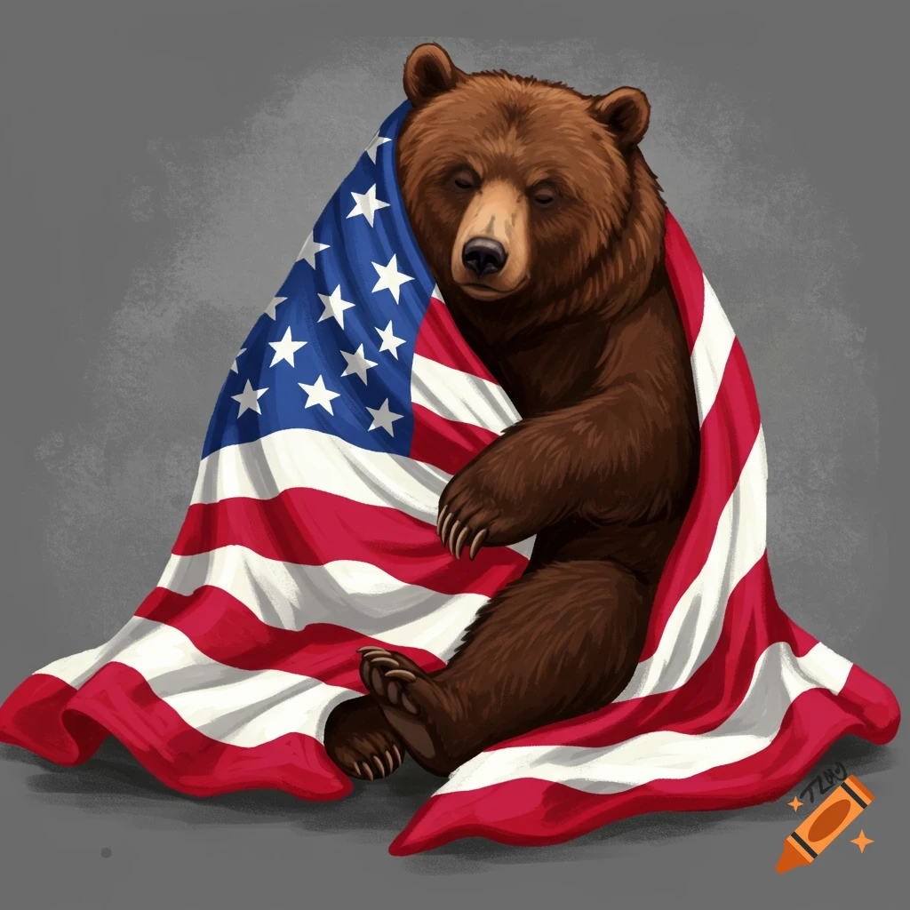 A stylized illustration of a brown bear peacefully sleeping while wrapped in an American flag.