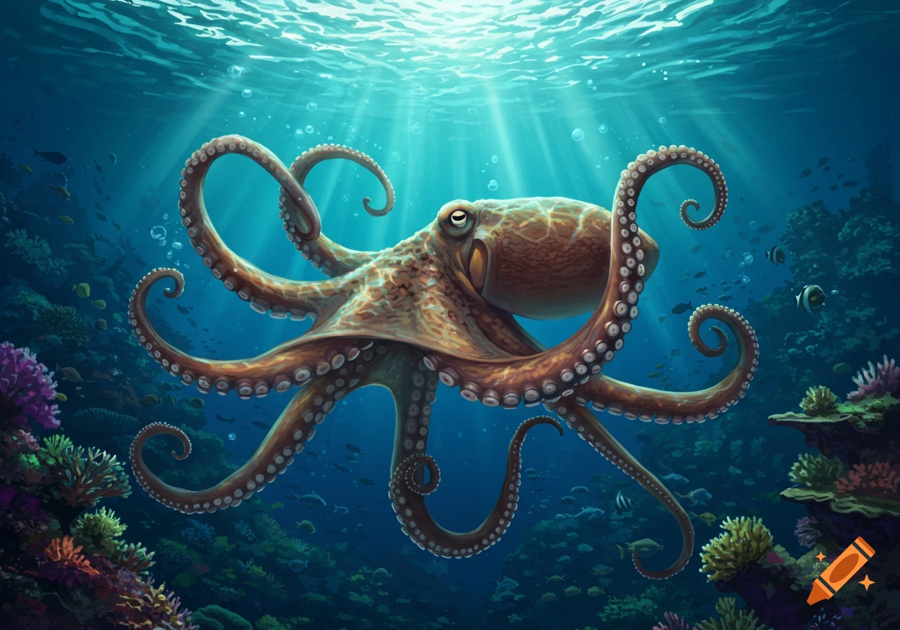 An octopus swims gracefully in a vibrant blue ocean, illuminated by sun rays filtering through the water above a colorful coral reef.
