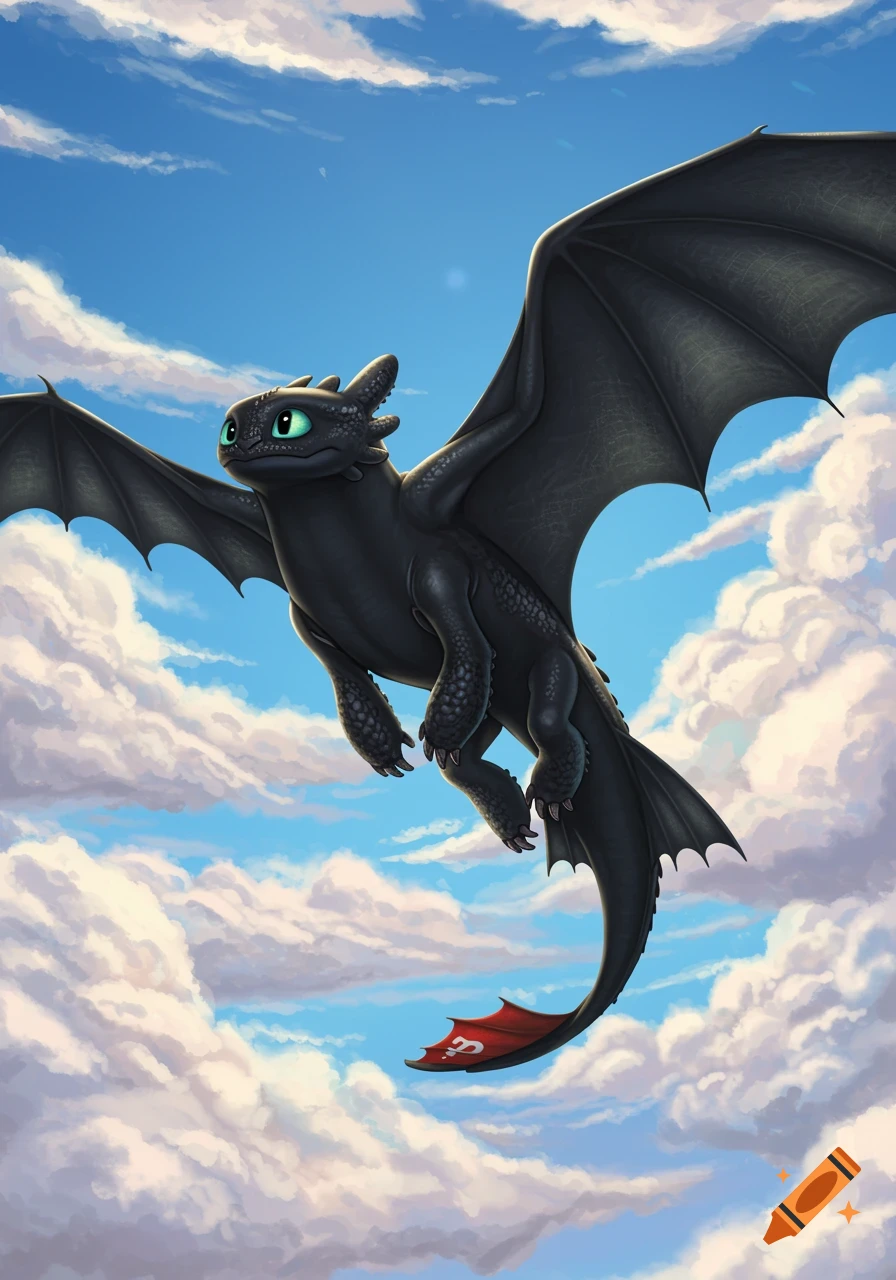 A black dragon with green eyes, Toothless, flies through a blue sky with white clouds.
