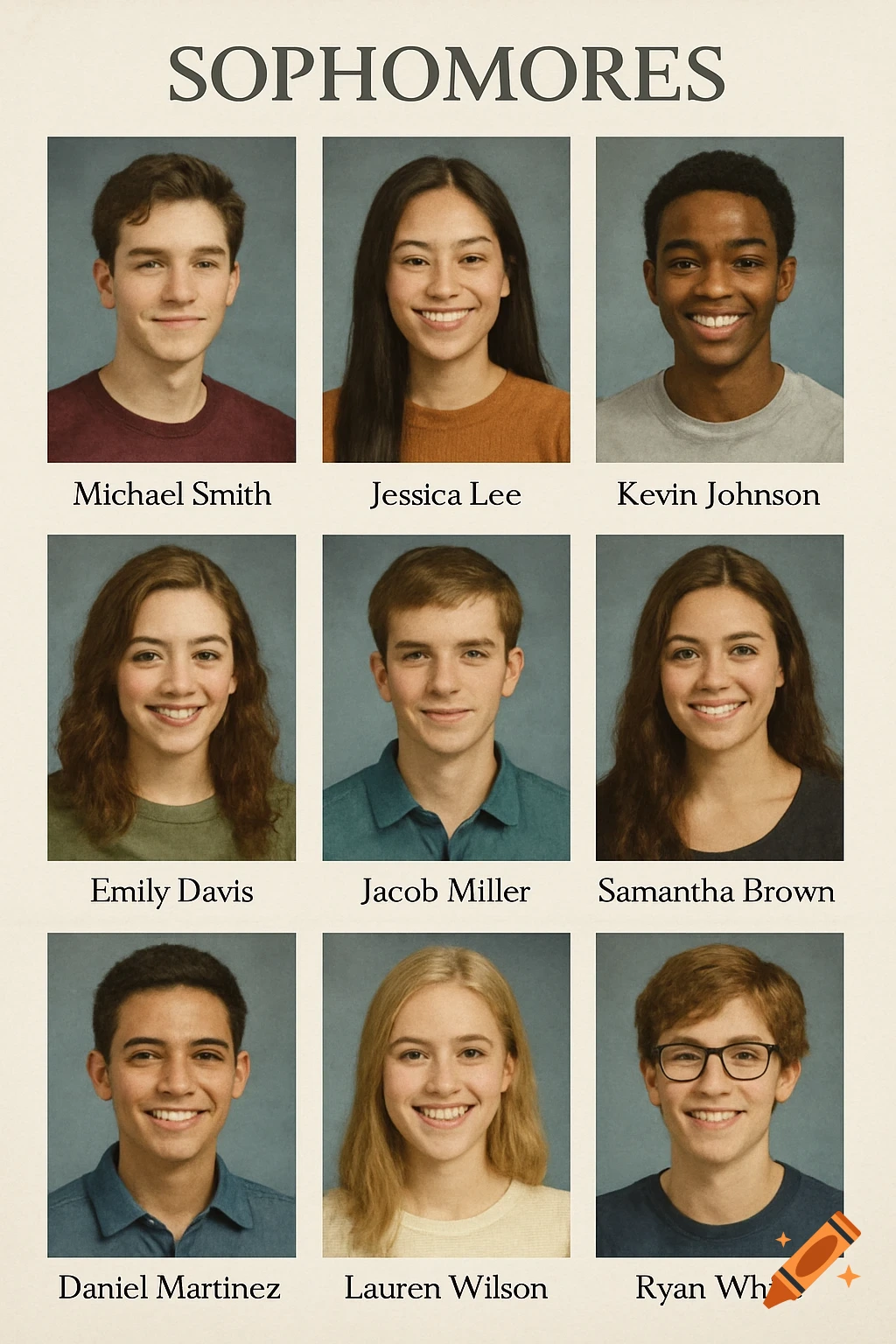 A high school yearbook page featuring nine student headshots with their names, under the title 'SOPHOMORES'.