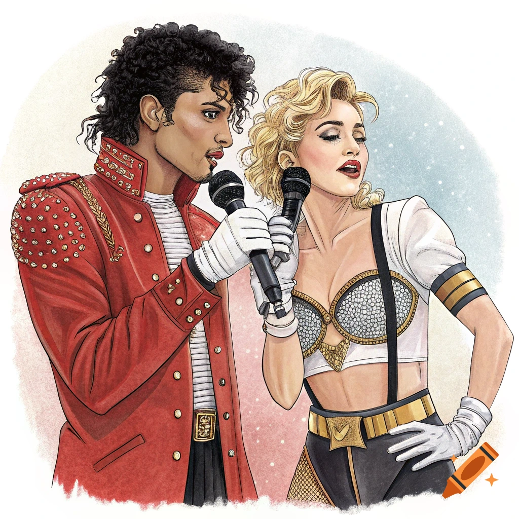 Michael Jackson and Madonna holding microphones, depicted in a watercolor storybook style.