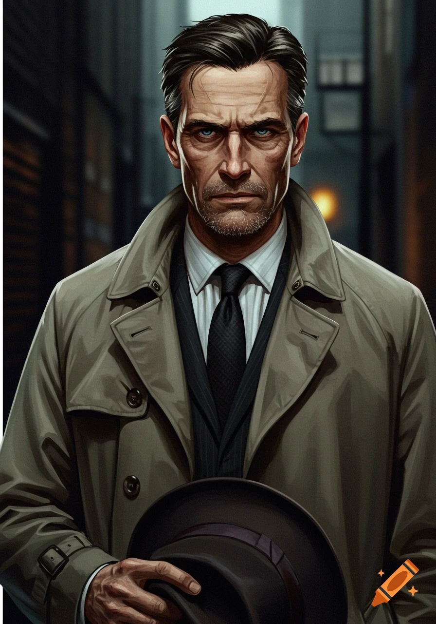 Illustration of a stern man in a trench coat and suit holding a fedora, with intense blue eyes, in a dark alley.