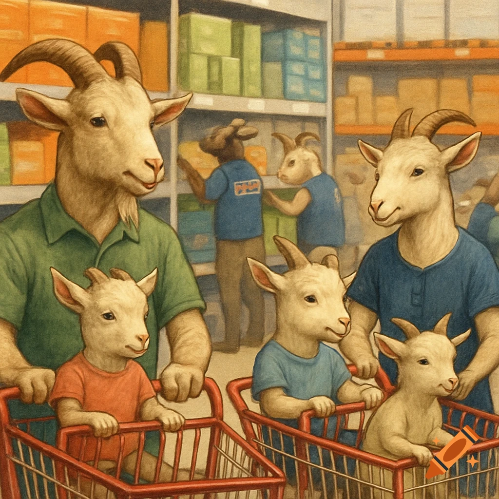 Anthropomorphic goat family pushing shopping carts with baby goats in a supermarket, with other goats stocking shelves in the background.