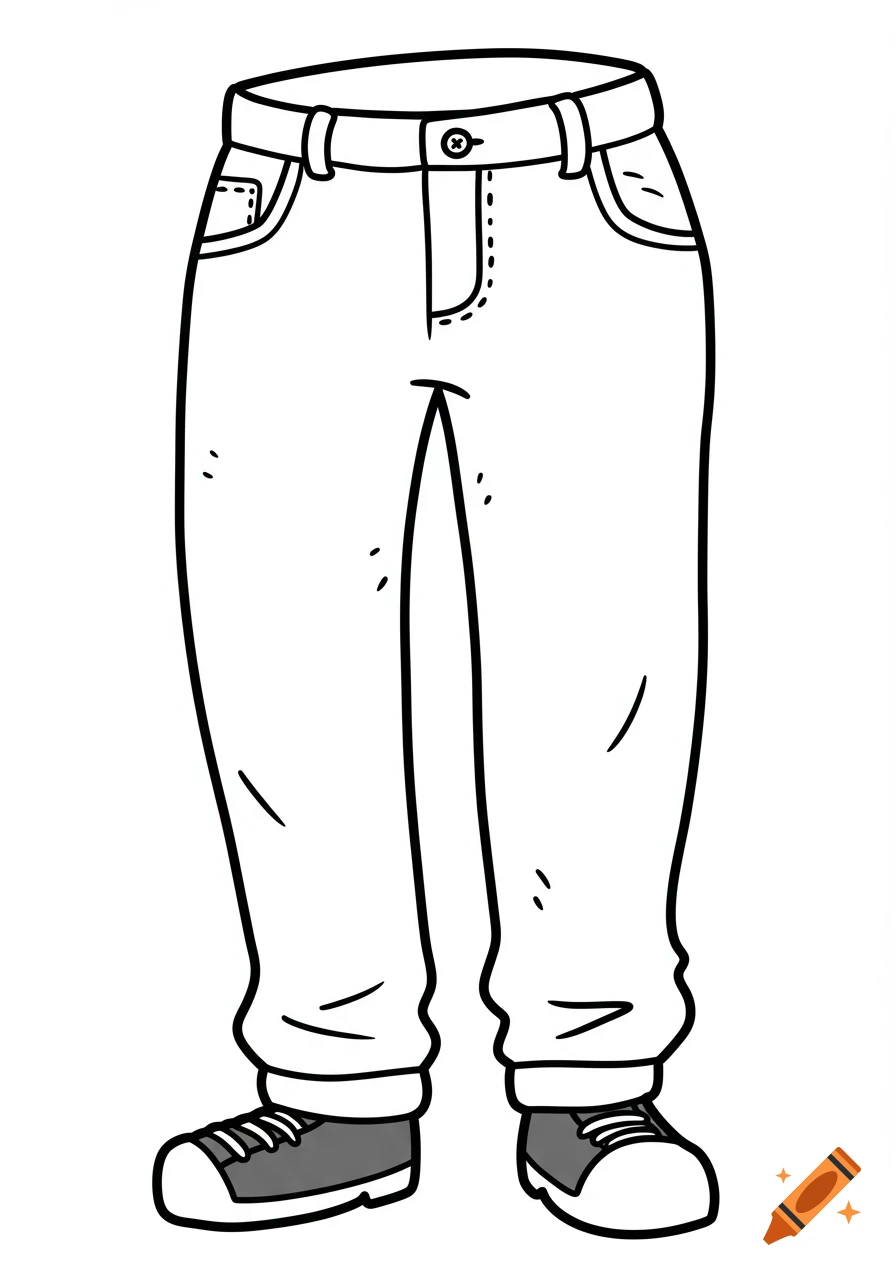 Black and white cartoon illustration of a pair of pants and shoes.