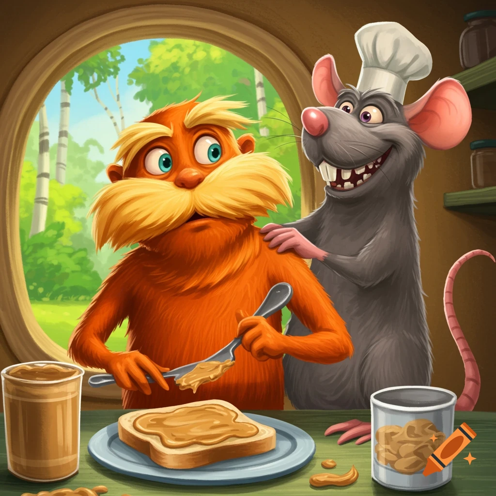 Cartoon image of the orange Lorax making peanut butter toast while a grey rat in a chef's hat stands behind him with a creepy smile.