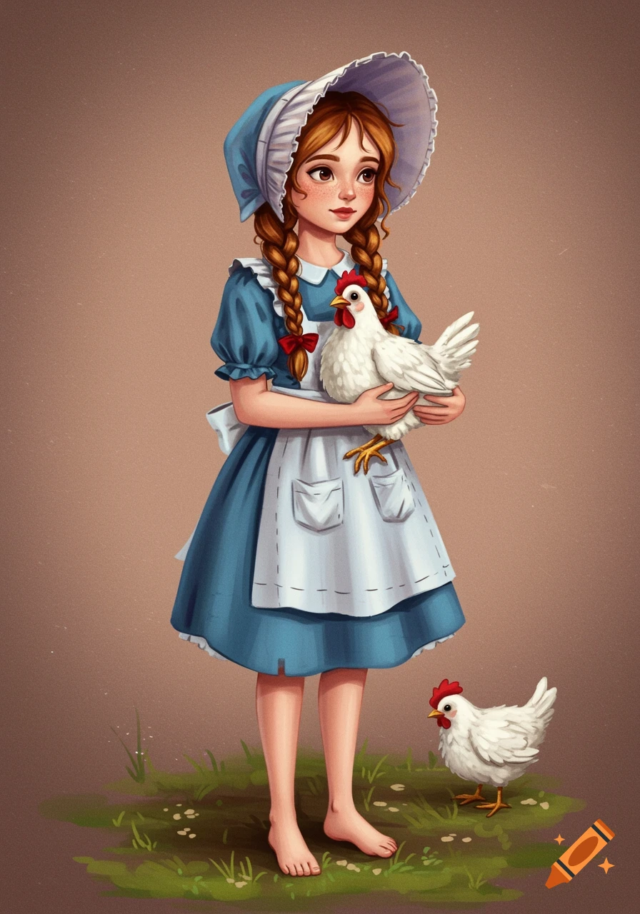 An illustration of a barefoot girl with braided red hair in a blue dress and bonnet, holding a white chicken, with another chicken beside her.