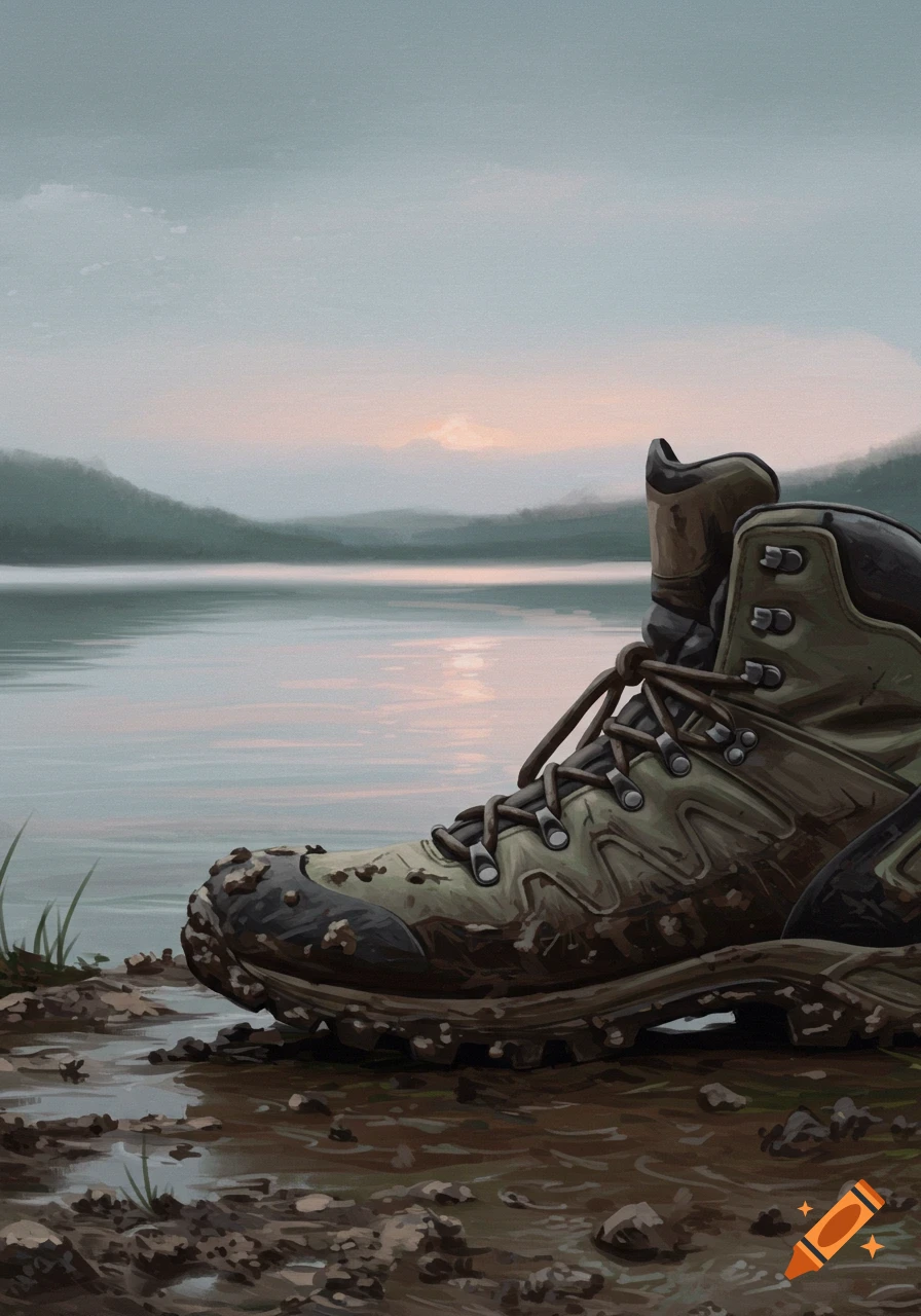 Painting of a muddy hiking boot on wet ground by a serene lake with distant mountains.