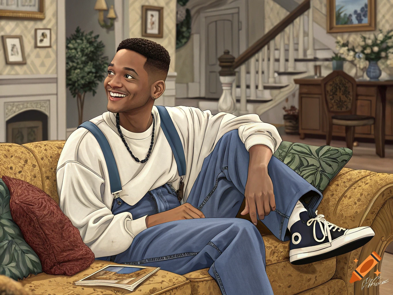 Illustration of Will Smith as a young man, smiling while relaxing on a gold patterned couch in a living room.
