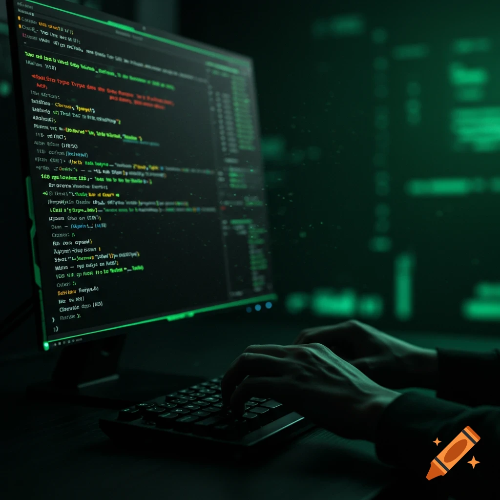 Hands typing on a keyboard in front of a computer screen displaying green code in a dark room.