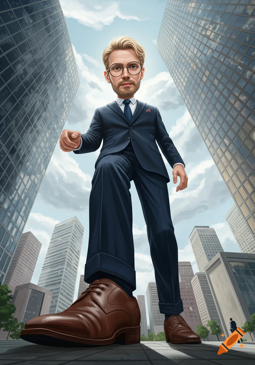 Low-angle view of a giant blonde businessman in a dark suit and brown shoes, towering over a cityscape.