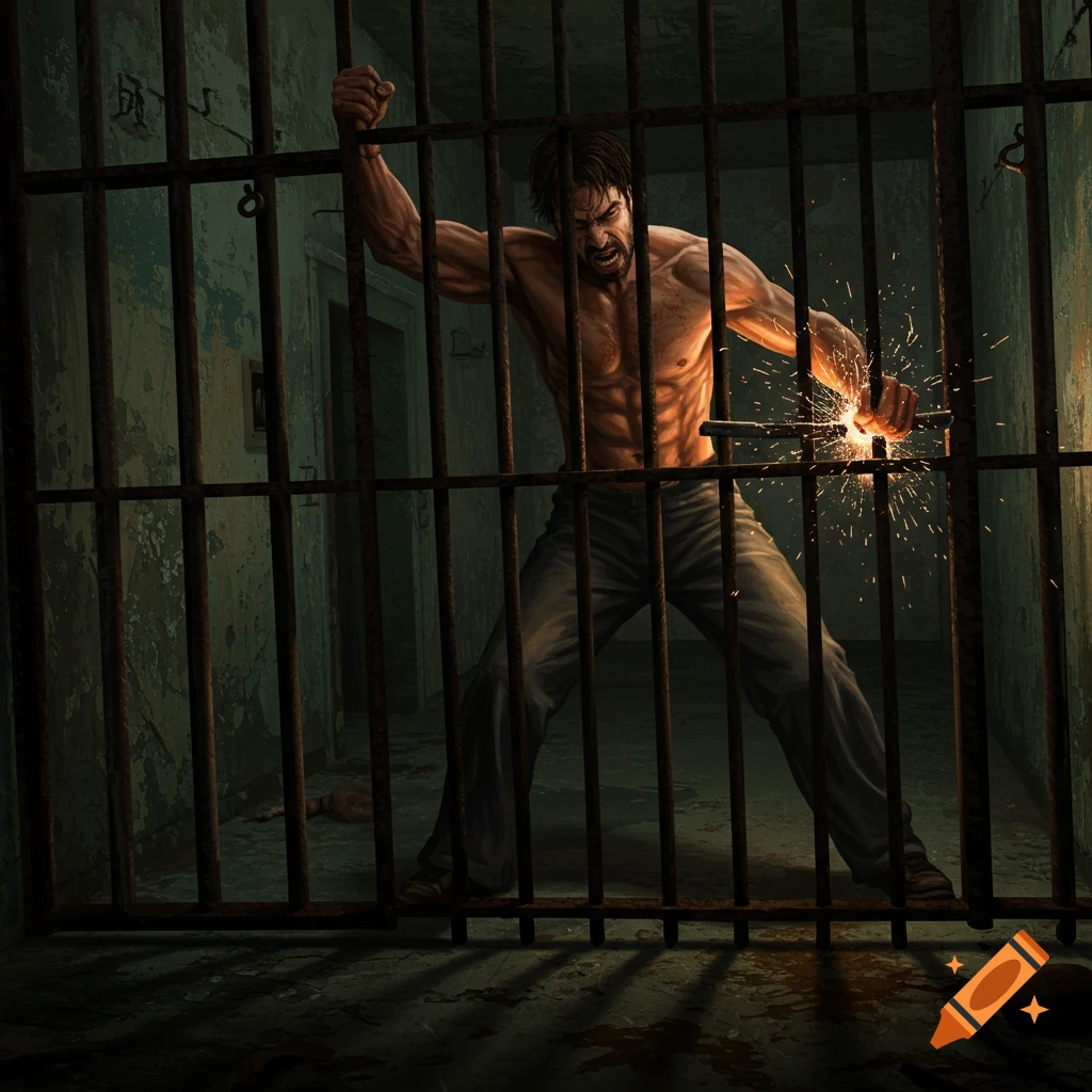 A muscular man in a dark, dirty prison cell fiercely cutting through metal bars with sparks flying.