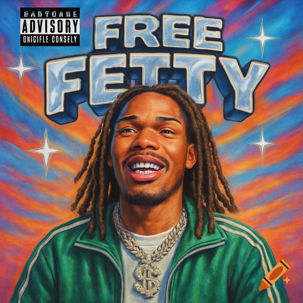 Album cover for 'Free Fetty' featuring a smiling man with dreadlocks and a dollar sign chain in a green jacket against a colorful sky.