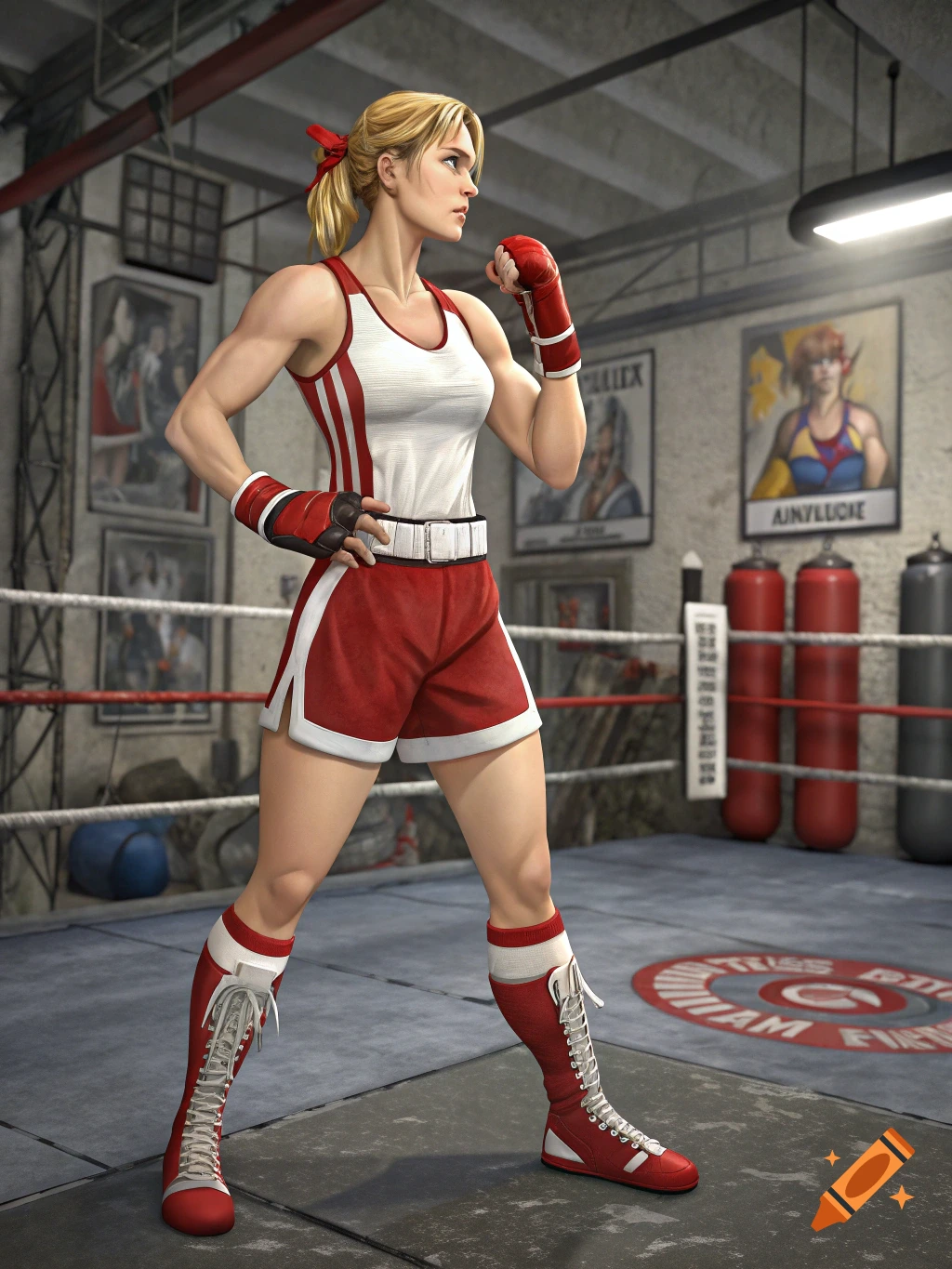 A blonde woman in a red and white boxing outfit stands in a boxing ring, looking to her right. She wears boxing gloves and tall lace-up boots.