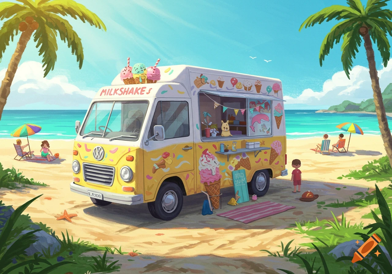 A whimsical illustration of a yellow and white milkshake van on a sunny beach, surrounded by palm trees and people relaxing. Large ice cream cones decorate the van.
