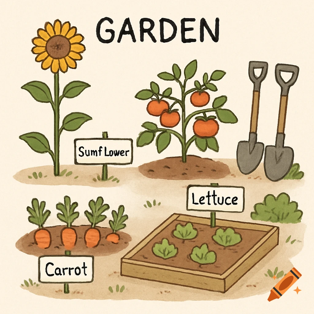 Cute illustration of a garden with labeled plants including a sunflower, tomatoes, carrots, and lettuce, and two shovels.