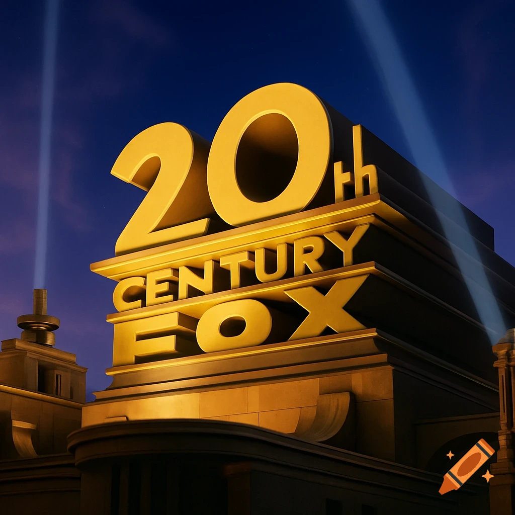 A photorealistic rendering of the 20th Century Fox logo with searchlights against a dark blue sky.