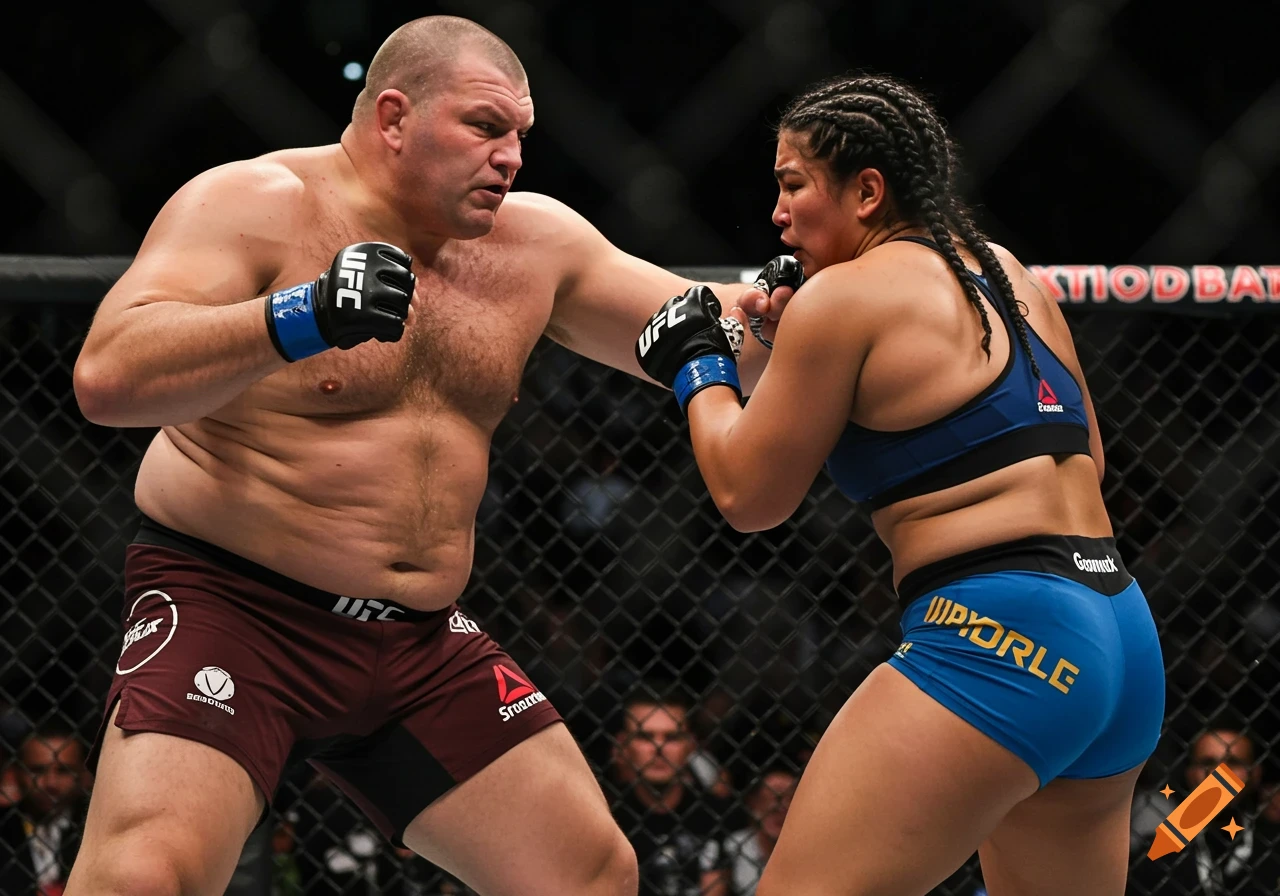 A large male and female fighter in a UFC cage match, the man throwing a punch.