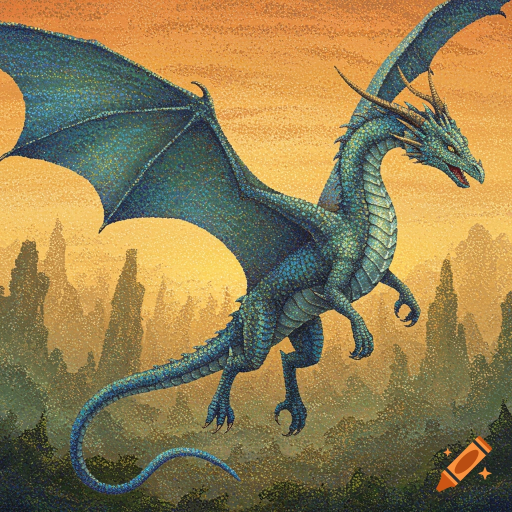 A vibrant green and blue pointillist dragon flies over a mountainous landscape under an orange sky.