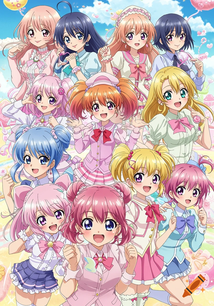 Eleven smiling anime girls in colorful pastel outfits pose against a whimsical, candy-filled background.