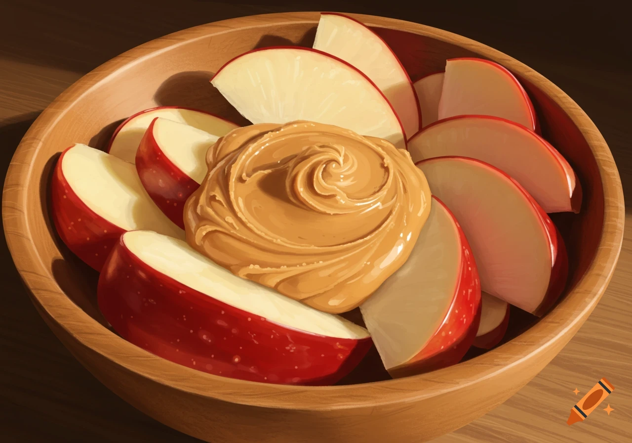 Apple slices and a dollop of peanut butter in a wooden bowl.