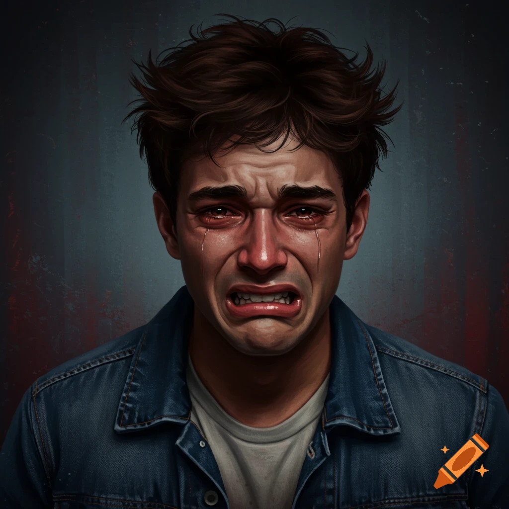 A close-up portrait of a young man with dark messy hair, crying intensely with tears streaming down his face, wearing a denim jacket.