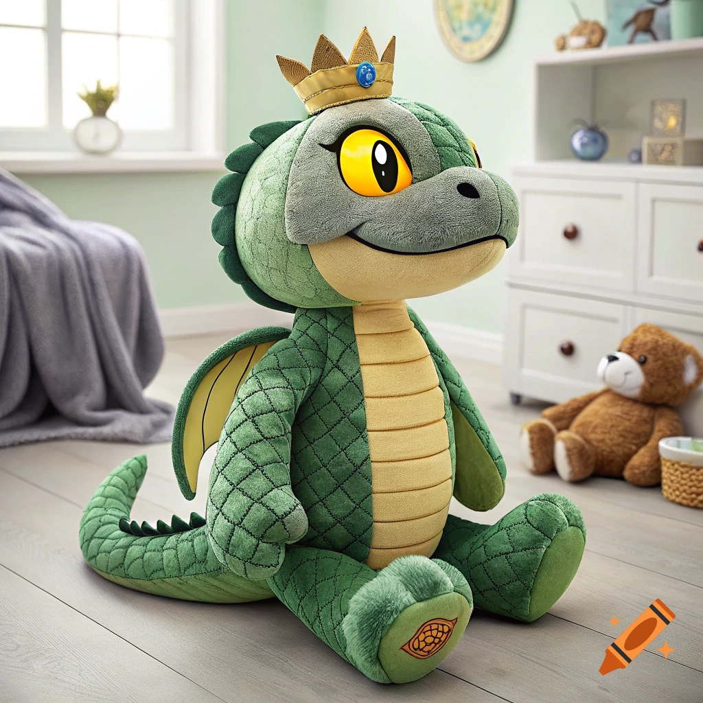 A green plush dragon with a golden crown sits on a wooden floor in a brightly lit child's room, with a teddy bear in the background.