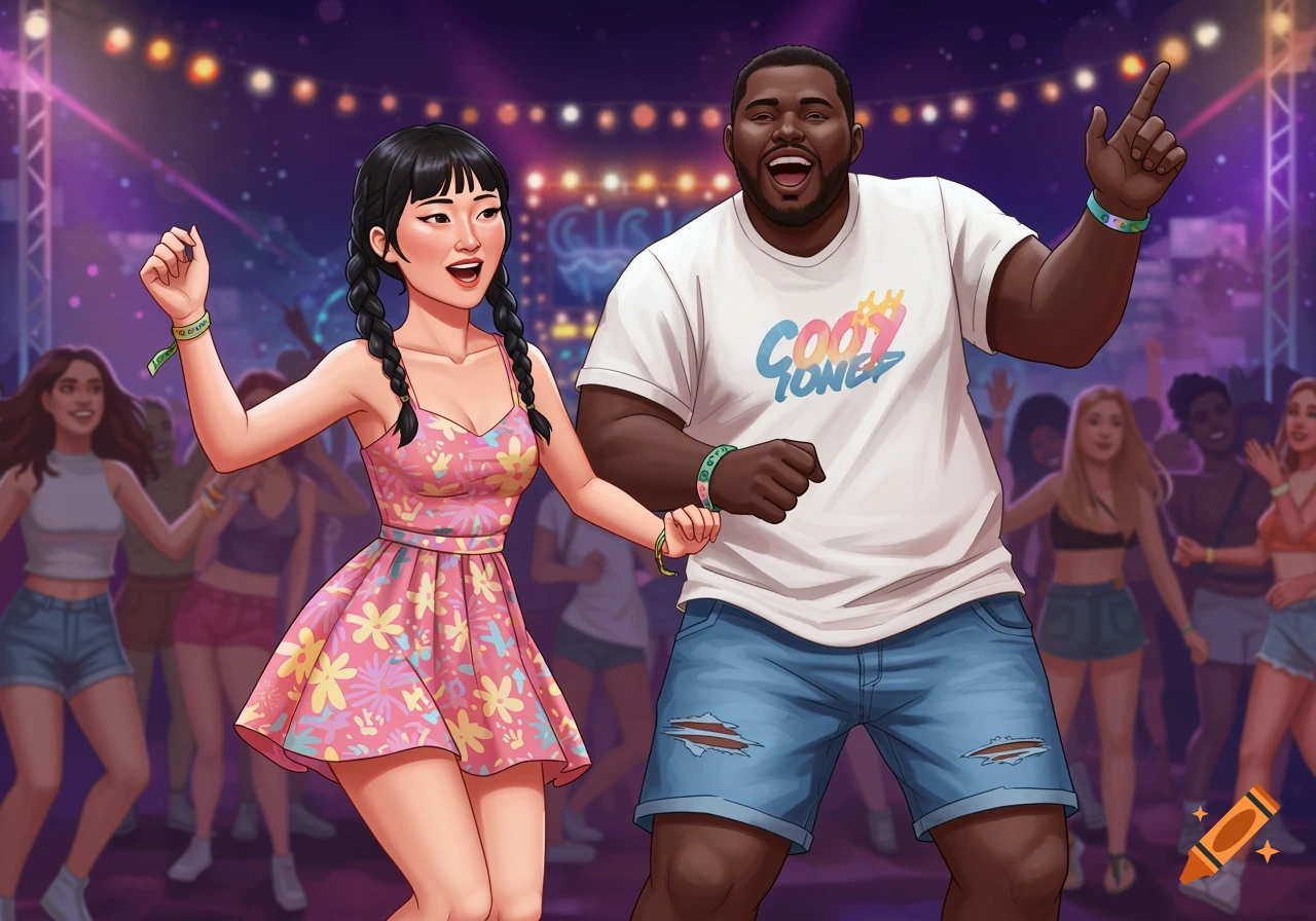 A man and woman in a cartoon style dancing at a lively outdoor music festival at night.