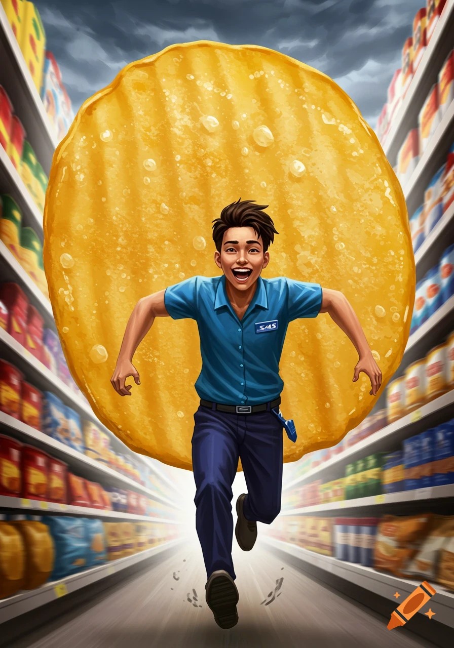 A smiling male retail employee in a blue shirt runs from a giant potato chip in a supermarket aisle. Illustration style.