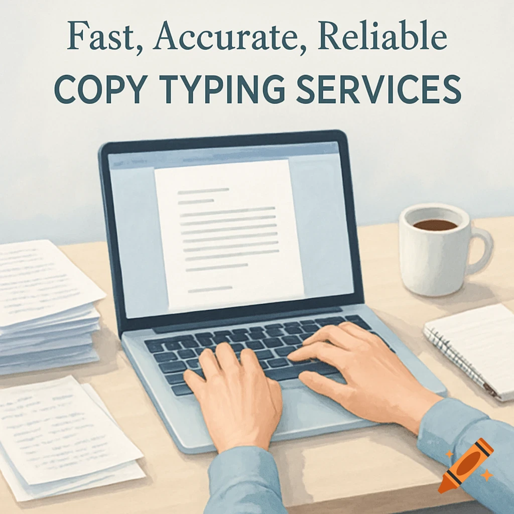 Hands typing on a laptop with papers, coffee, and a notepad on a desk, promoting 'Fast, Accurate, Reliable Copy Typing Services'.