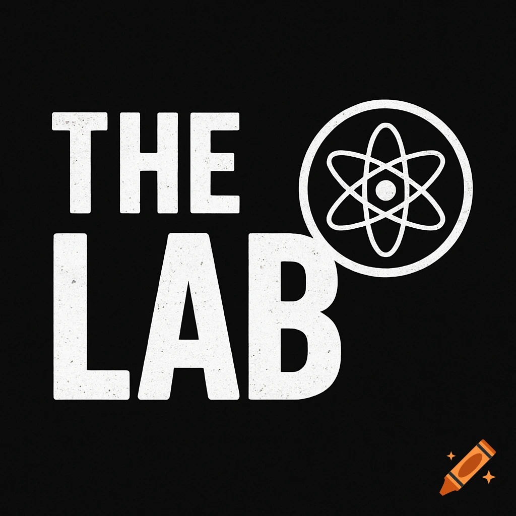 White text 'THE LAB' with a white atom symbol in a circle on a black background.