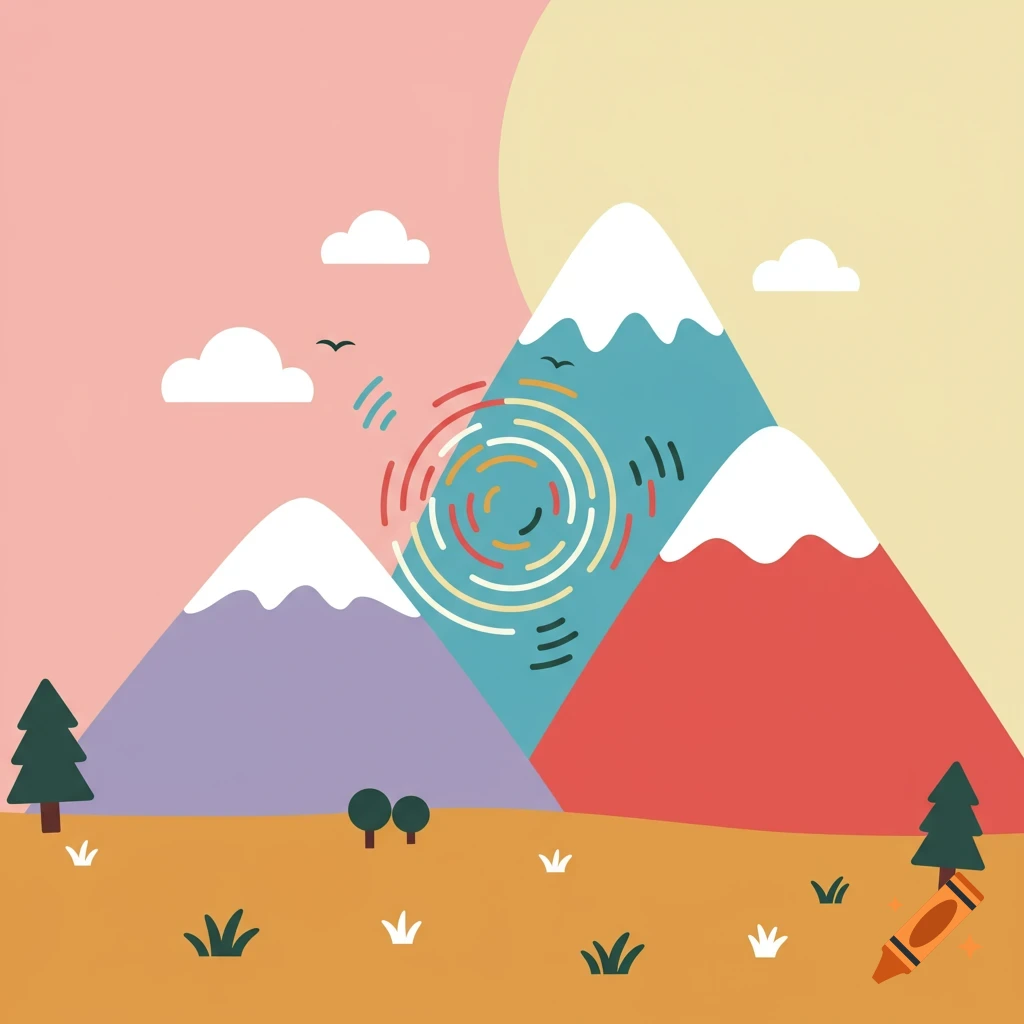 Clipart illustration of three colorful mountains with snow caps, clouds, trees, and abstract circular 'echo waves' in the sky.